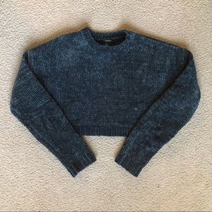 Velvet knit cropped sweater dark blue green